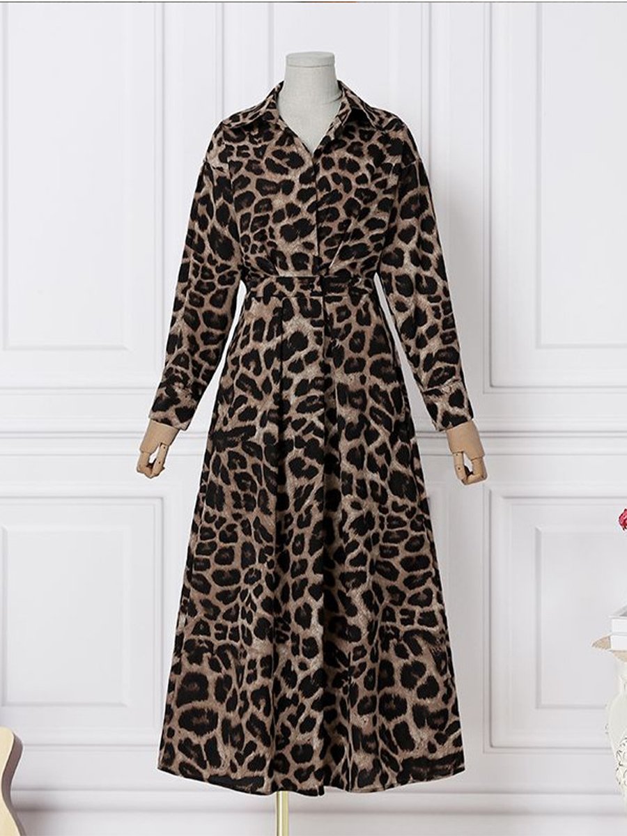 Casual Leopard Cotton And Linen Elastic Waist Dress Casual Leopard Cotton And Linen Elastic Waist Dress