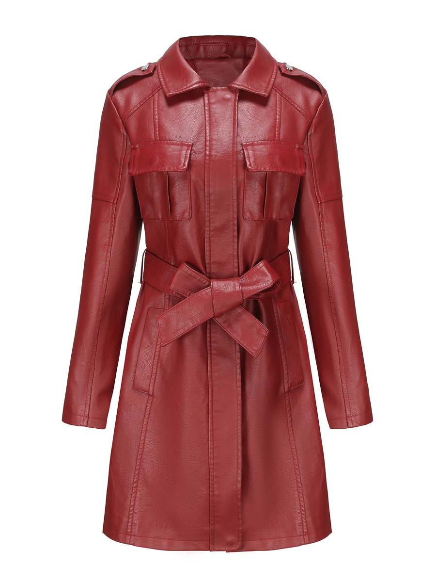Classic Faux Leather Plain Long-sleeved Trench Coat with Belt Classic Faux Leather Plain Long-sleeved Trench Coat with Belt