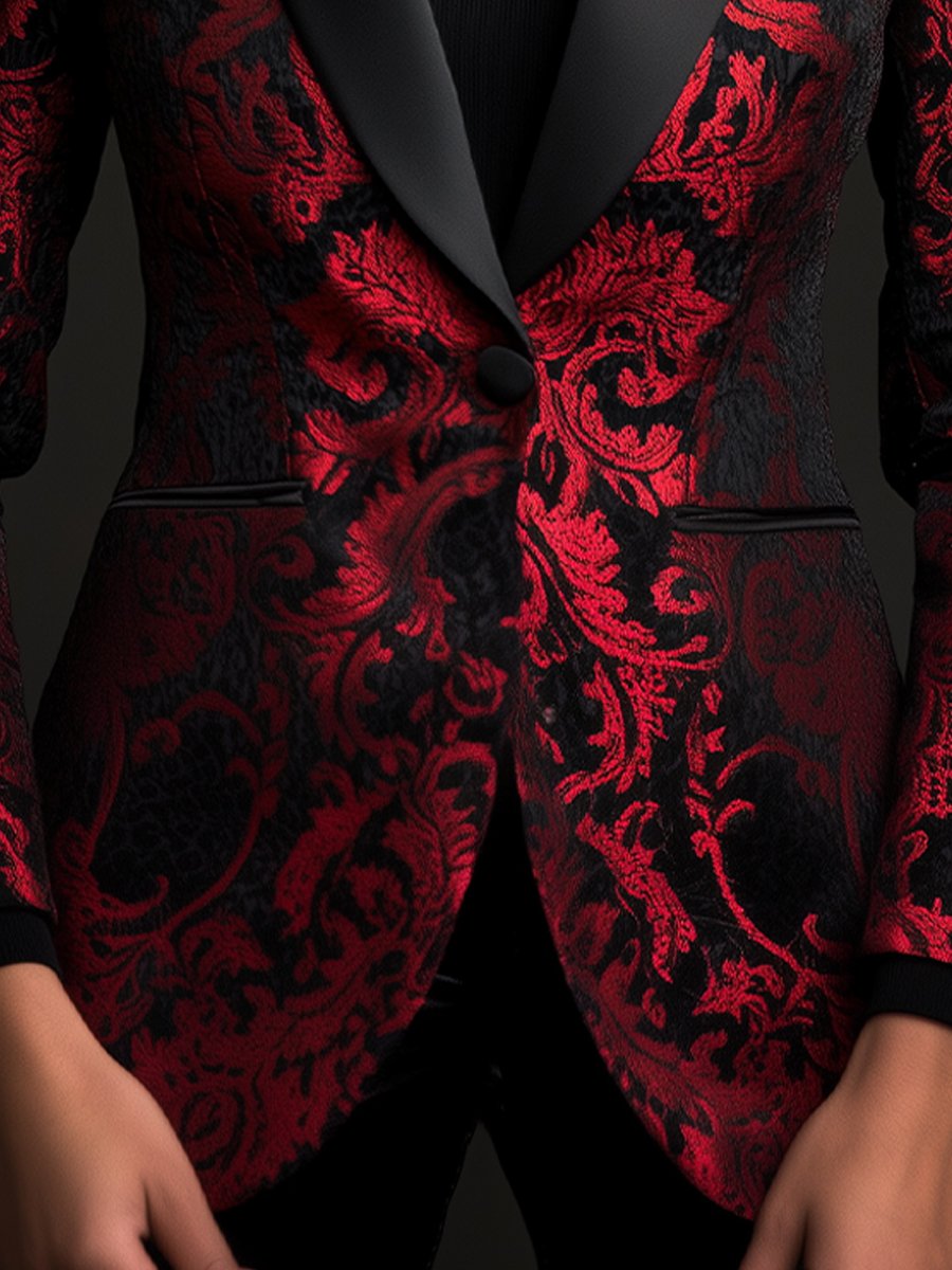 Statement Black and Red Satin Jacquard Blazer with Ornate Patterns Statement Black and Red Satin Jacquard Blazer with Ornate Patterns