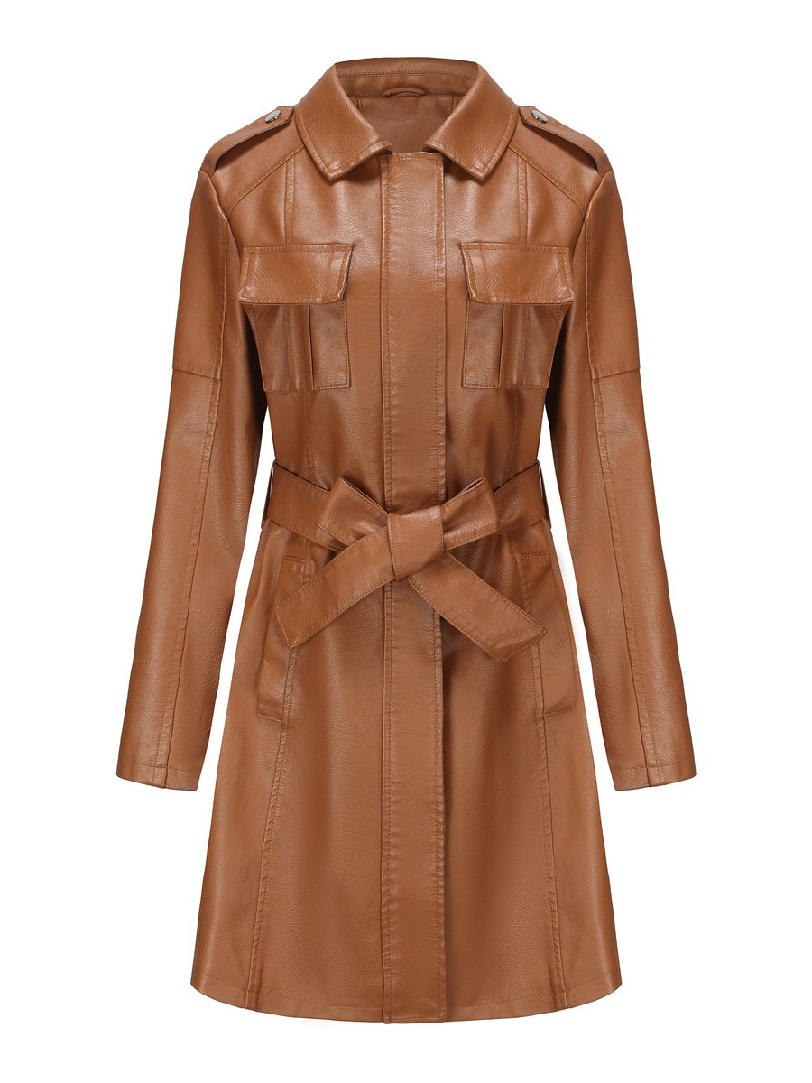 Classic Faux Leather Plain Long-sleeved Trench Coat with Belt Classic Faux Leather Plain Long-sleeved Trench Coat with Belt