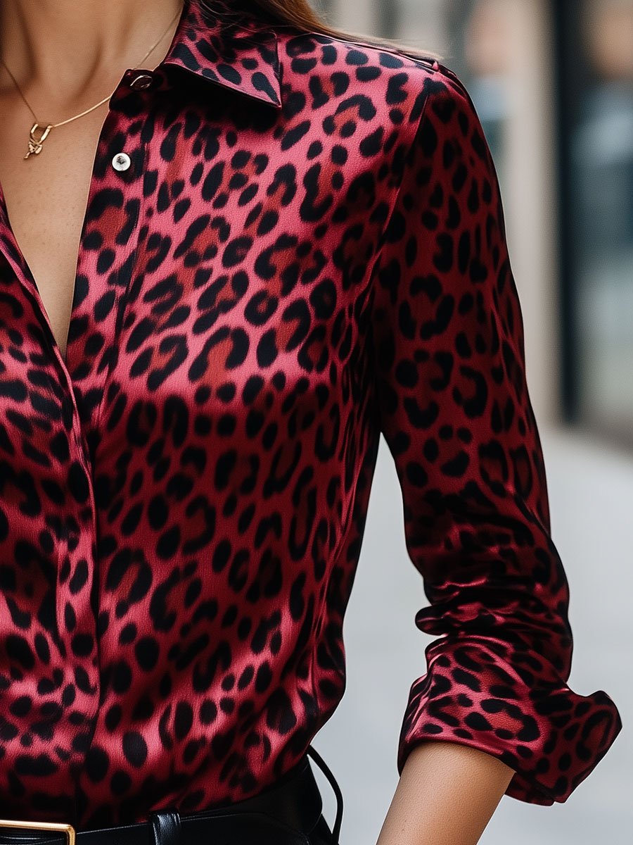 Sleek Red Leopard Print Satin Blouse Sleek Red Leopard Print Satin Blouse