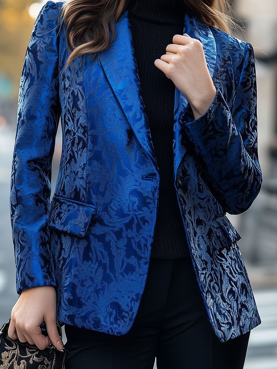 Royal Blue Jacquard Blazer with Floral Textures Royal Blue Jacquard Blazer with Floral Textures