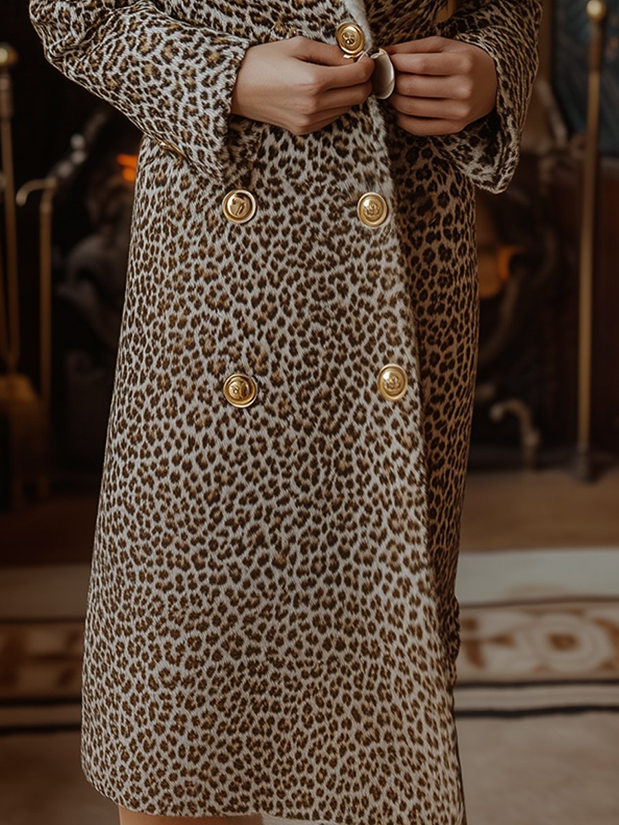 Leopard Print Double-Breasted Winter Coat with Shearling Collar Leopard Print Double-Breasted Winter Coat with Shearling Collar