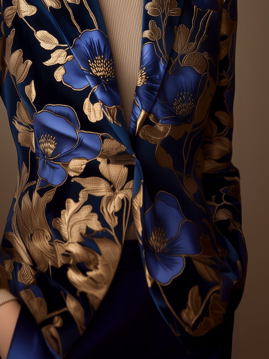 Royal Blue Satin Blazer with Golden Floral Printed Royal Blue Satin Blazer with Golden Floral Printed