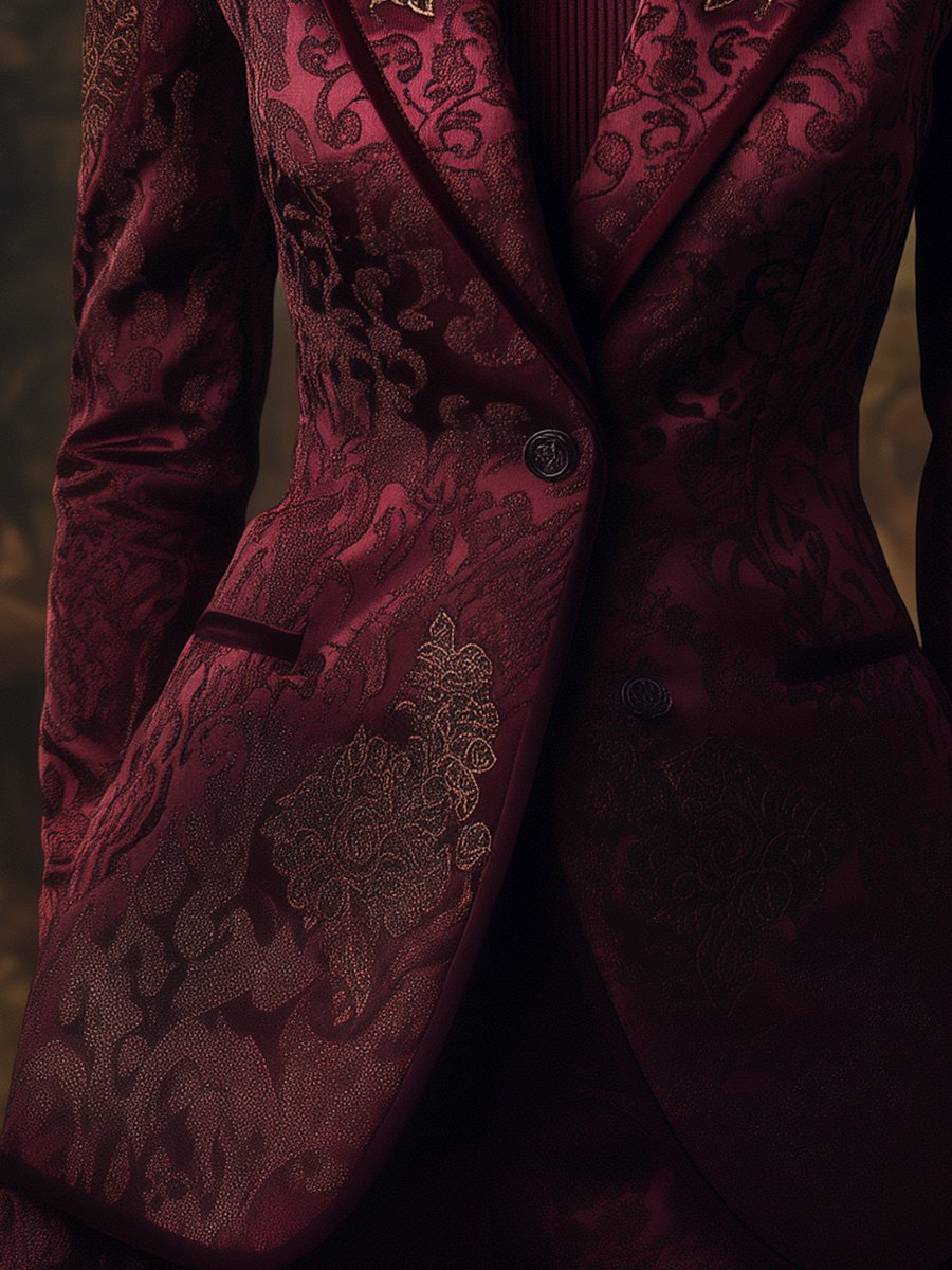 Burgundy Jacquard Blazer with Intricate Floral Pattern Burgundy Jacquard Blazer with Intricate Floral Pattern