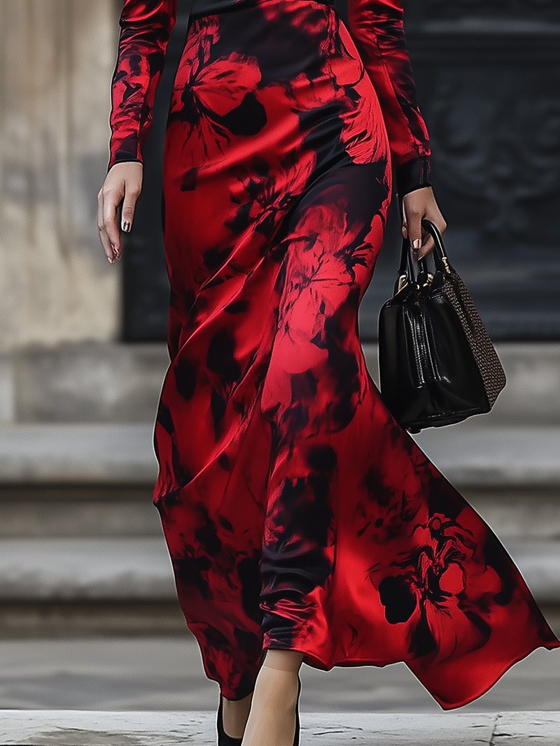 Luxury Red Satin Evening Dress with Black Floral Motifs Luxury Red Satin Evening Dress with Black Floral Motifs