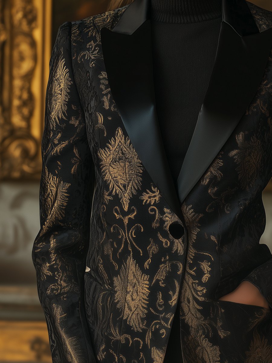 Black Satin Jacquard Blazer with Gold Embossed Floral Patterns Black Satin Jacquard Blazer with Gold Embossed Floral Patterns