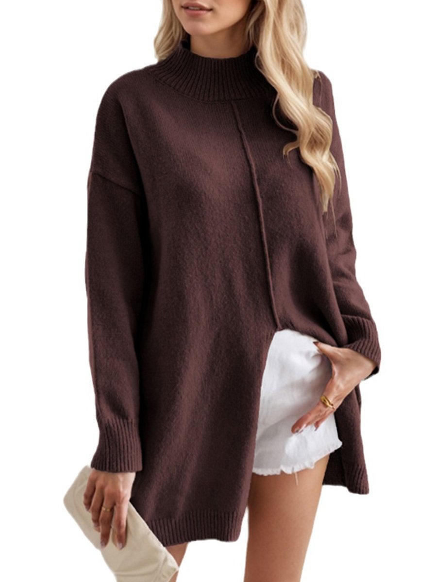 Chic Solid Color Half Turtleneck Side-Slit Pullover Sweater Chic Solid Color Half Turtleneck Side-Slit Pullover Sweater