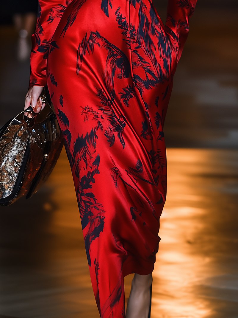 Sophisticated Red Satin Wrap Dress with Bold Black Floral Print Sophisticated Red Satin Wrap Dress with Bold Black Floral Print