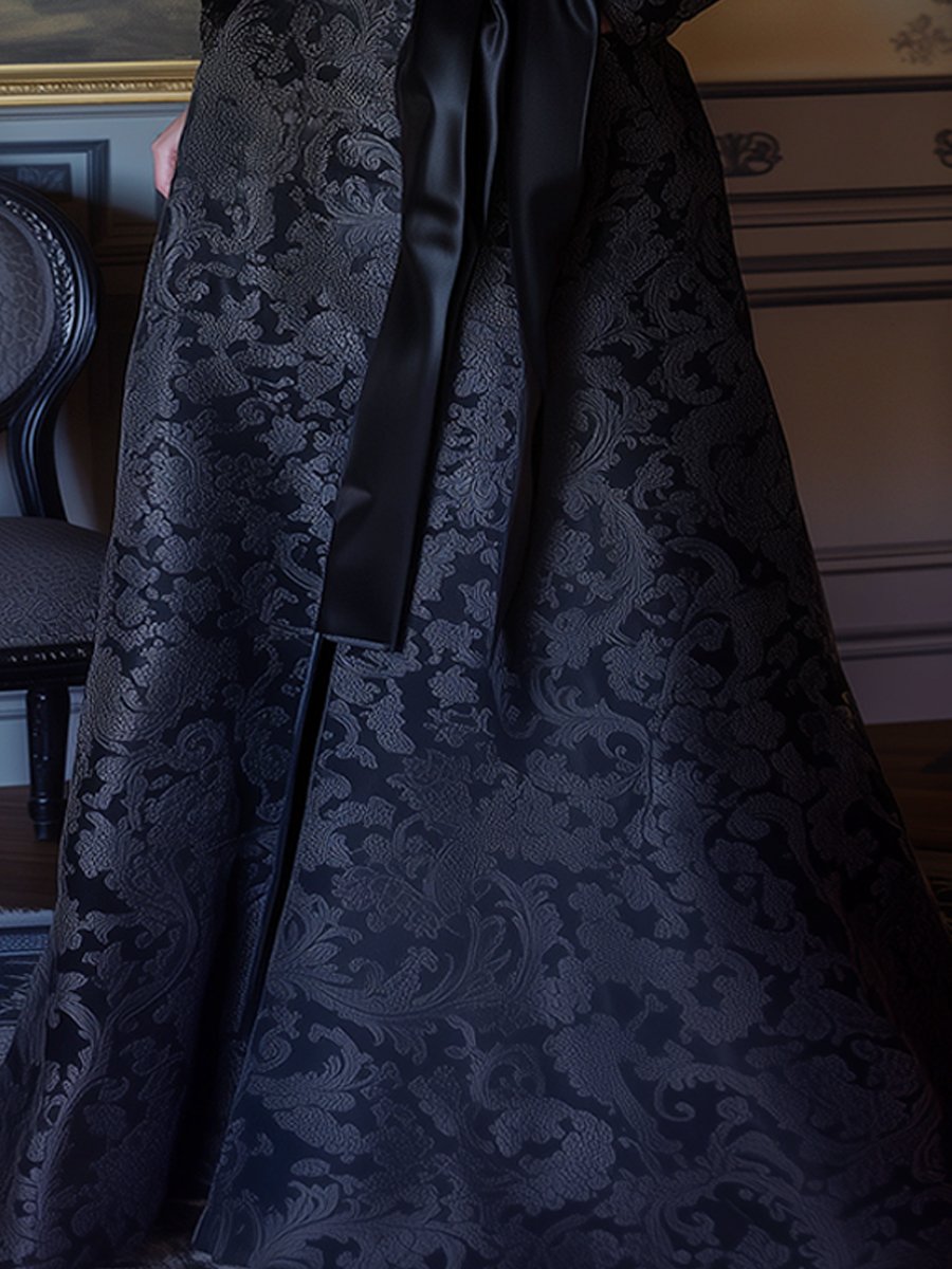 Navy Satin Jacquard Dress with Elegant Scrollwork and Satin Sash Navy Satin Jacquard Dress with Elegant Scrollwork and Satin Sash