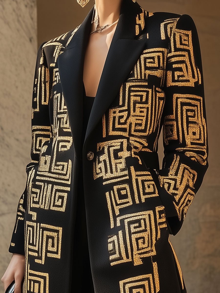 Luxurious Black Coat with Bold Gold Geometric Patterns Luxurious Black Coat with Bold Gold Geometric Patterns
