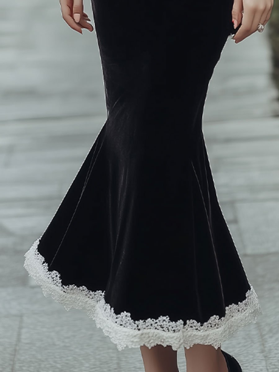 Black Velvet Mermaid Dress with White Lace Trim Black Velvet Mermaid Dress with White Lace Trim