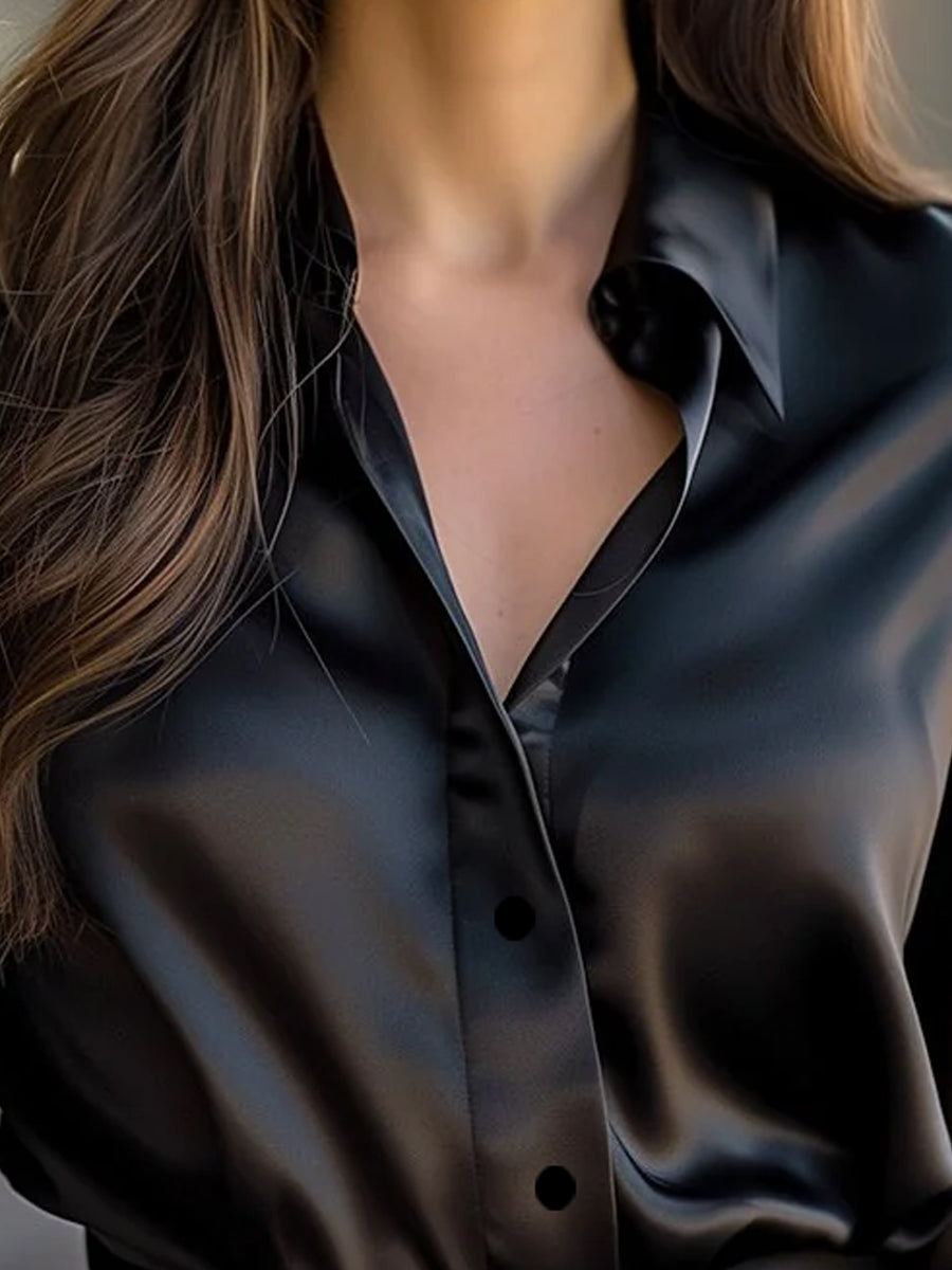 Elegant Black Satin Long Sleeves Blouse Elegant Black Satin Long Sleeves Blouse