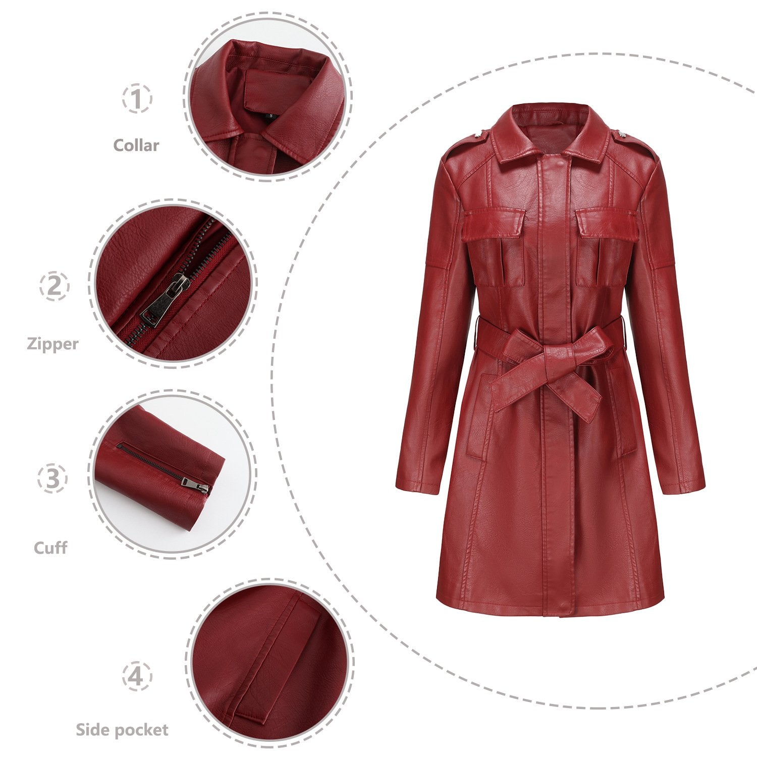 Classic Faux Leather Plain Long-sleeved Trench Coat with Belt Classic Faux Leather Plain Long-sleeved Trench Coat with Belt
