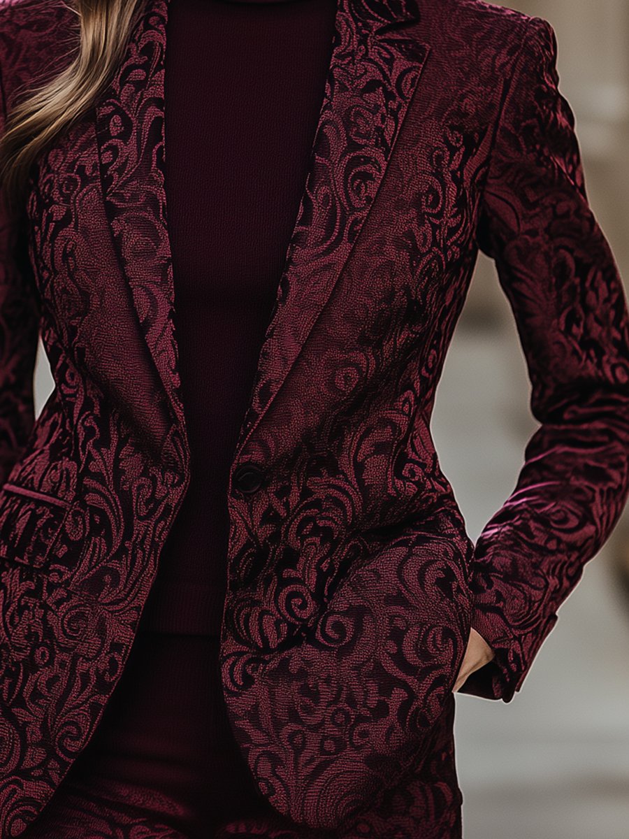 Burgundy Jacquard Blazer with Intricate Jacquard Detailing Burgundy Jacquard Blazer with Intricate Jacquard Detailing