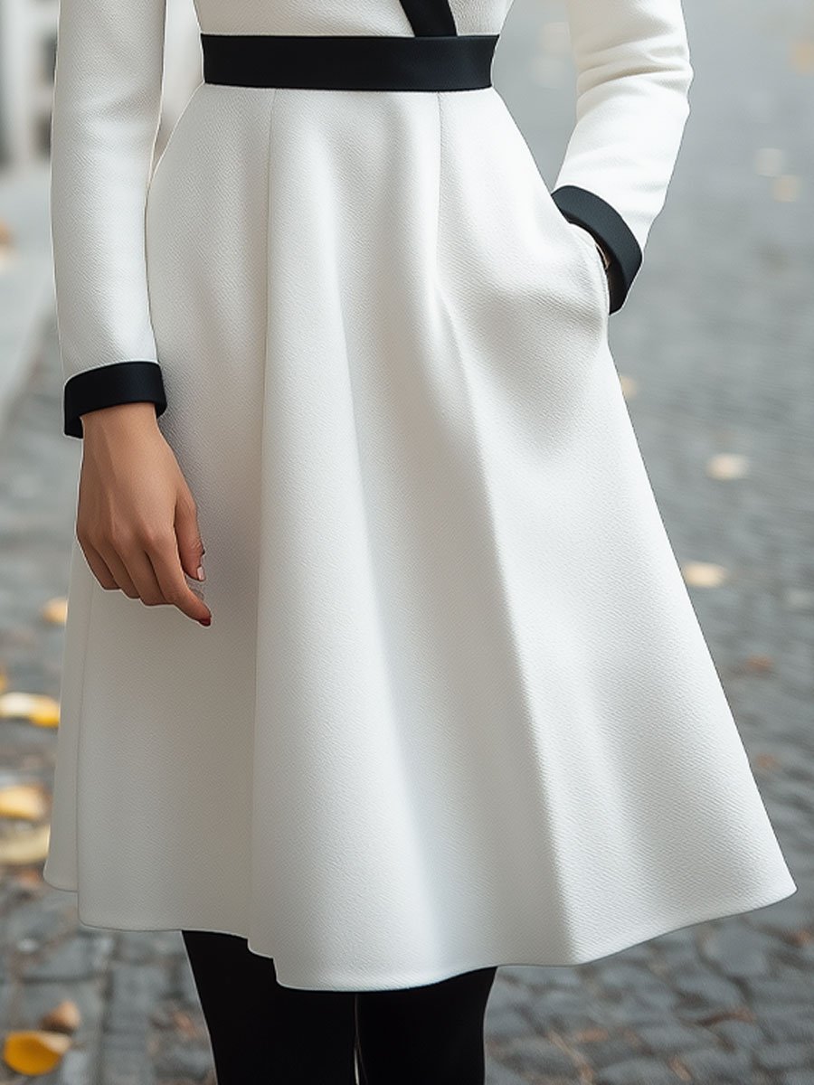 Modern Elegance White Wool Wrap Dress with Black Trim Modern Elegance White Wool Wrap Dress with Black Trim