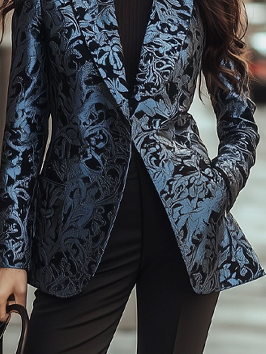 Elegant Blue Brocade Jacquard Blazer with Intricate Patterns Elegant Blue Brocade Jacquard Blazer with Intricate Patterns