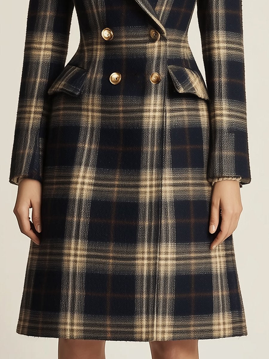 Navy and Beige Plaid Tailored Double-Breasted Coat Navy and Beige Plaid Tailored Double-Breasted Coat