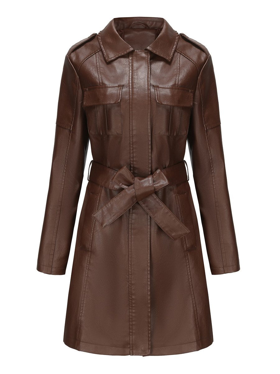 Classic Faux Leather Plain Long-sleeved Trench Coat with Belt Classic Faux Leather Plain Long-sleeved Trench Coat with Belt