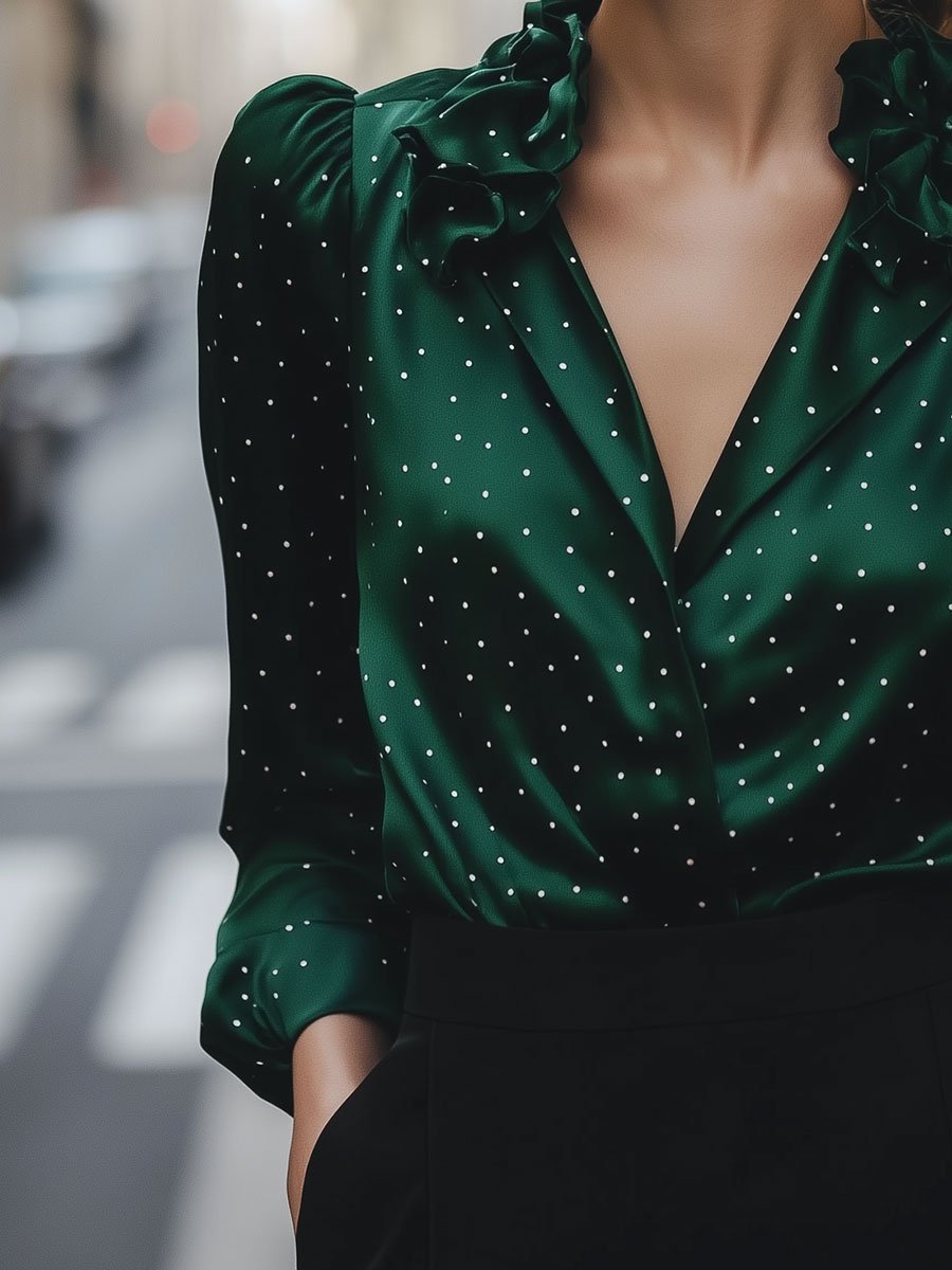 Chic Satin Blouse with Ruffles and Polka Dots Chic Satin Blouse with Ruffles and Polka Dots