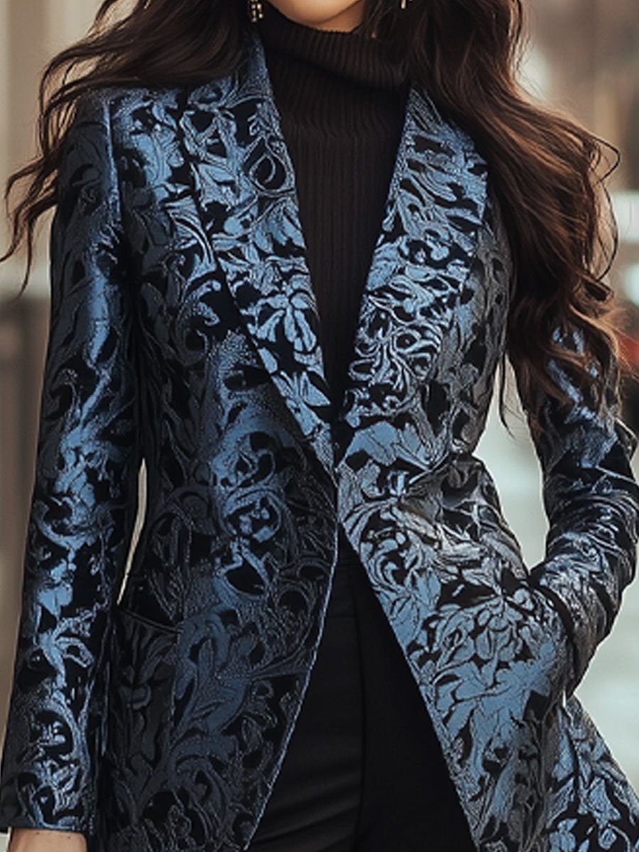 Elegant Blue Brocade Jacquard Blazer with Intricate Patterns Elegant Blue Brocade Jacquard Blazer with Intricate Patterns