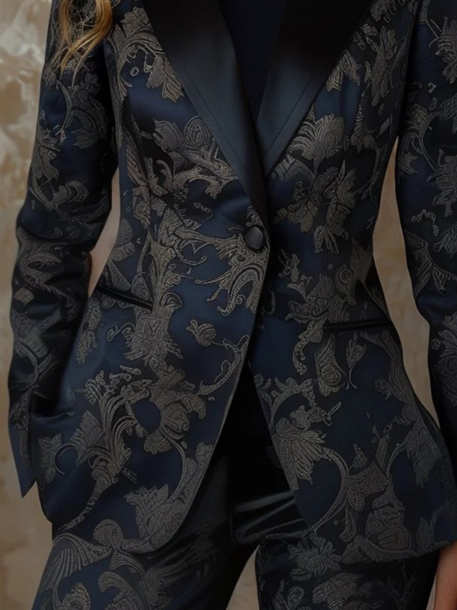 Deep Navy Satin Jacquard Blazer with Elegant Floral Pattern Deep Navy Satin Jacquard Blazer with Elegant Floral Pattern