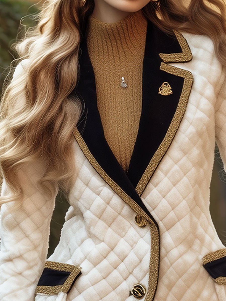 Chic White Quilted Blazer with Black Contrast and Gold Accents Chic White Quilted Blazer with Black Contrast and Gold Accents