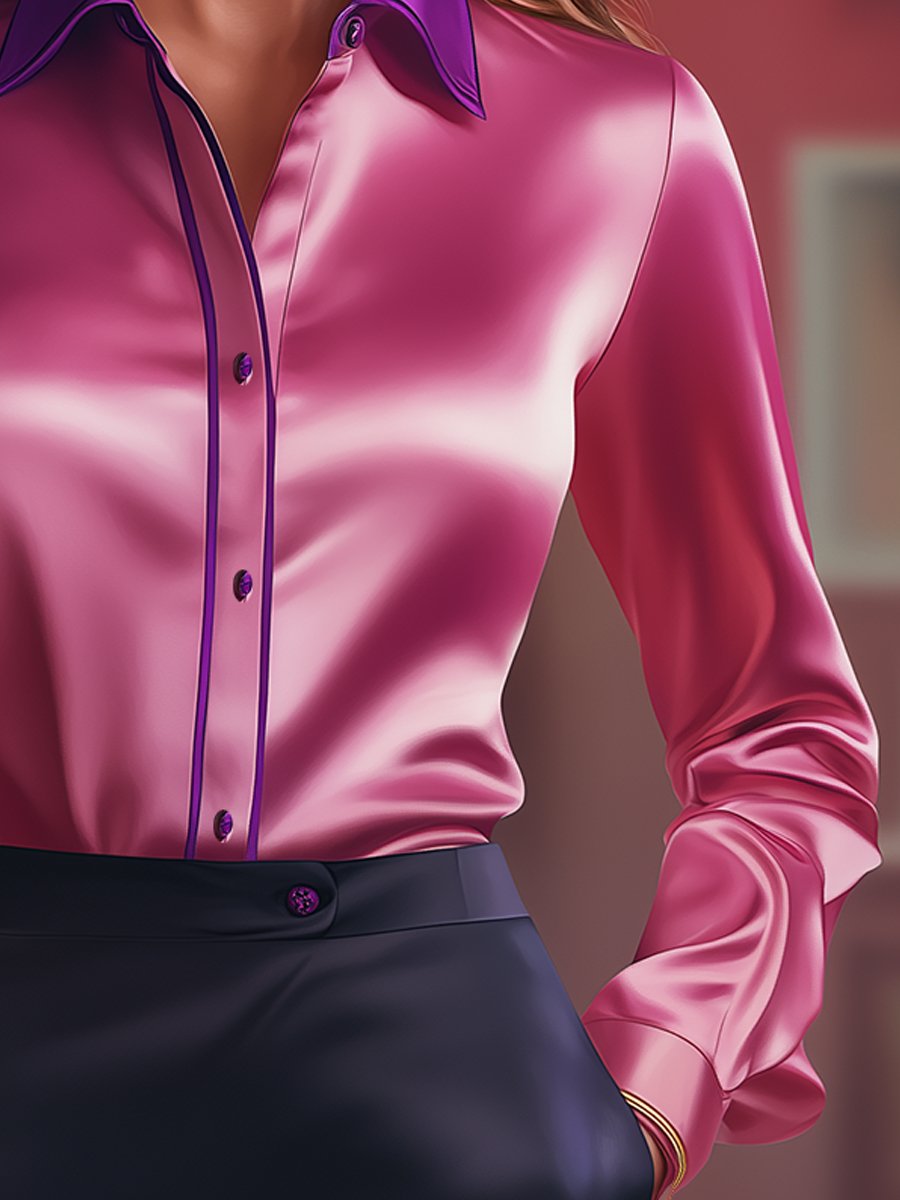 Bold Satin Blouse with Vibrant Pink and Purple Contrasts Bold Satin Blouse with Vibrant Pink and Purple Contrasts