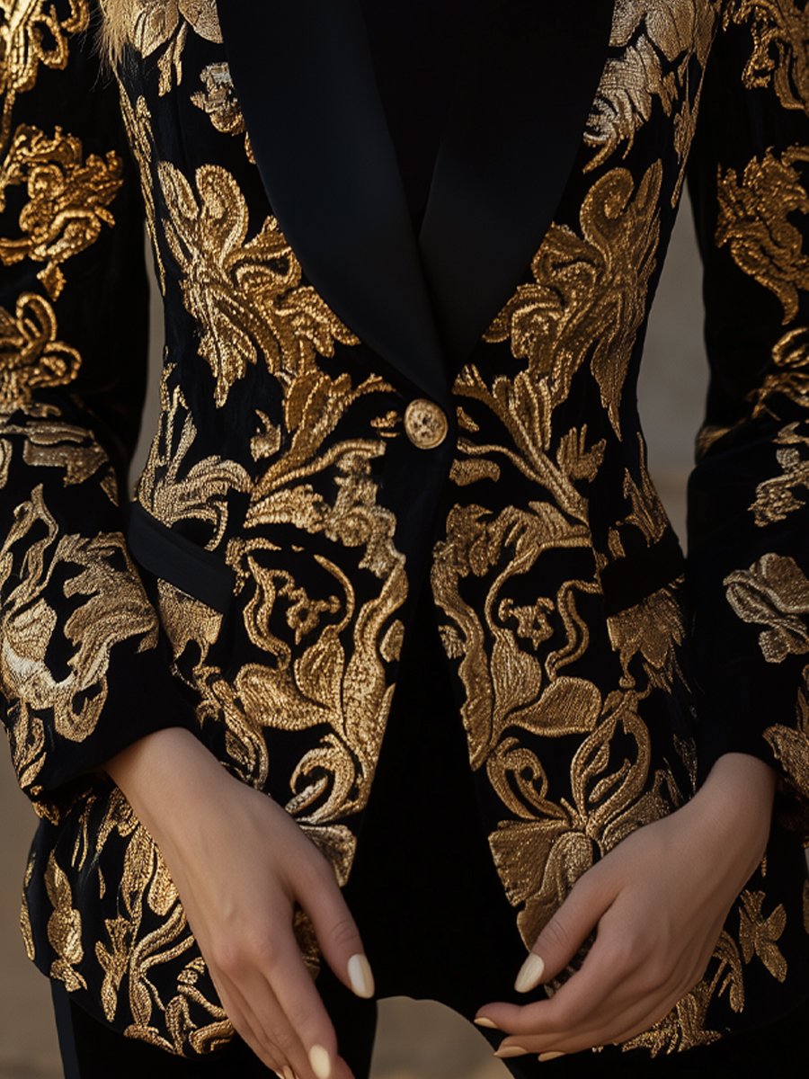 Black Jacquard Blazer with Luxurious Gold Floral Pattern Black Jacquard Blazer with Luxurious Gold Floral Pattern
