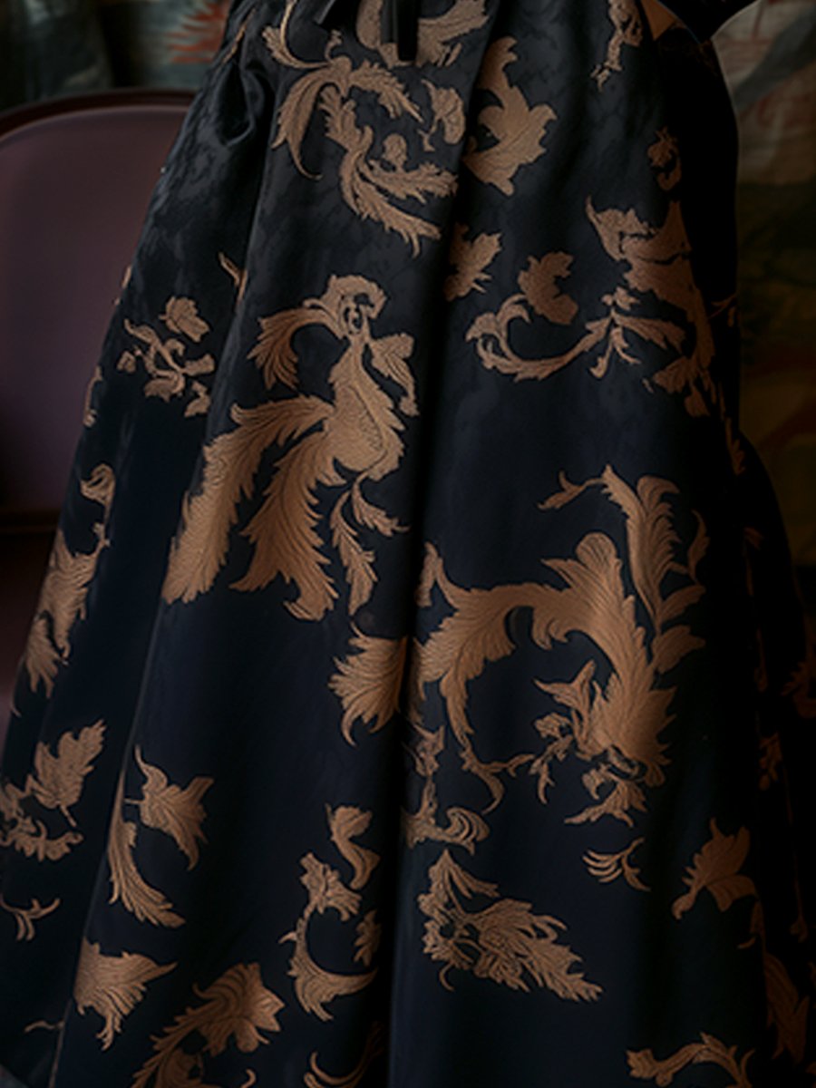 Black Satin Jacquard Dress with Gold Scrollwork and Shawl Collar Black Satin Jacquard Dress with Gold Scrollwork and Shawl Collar