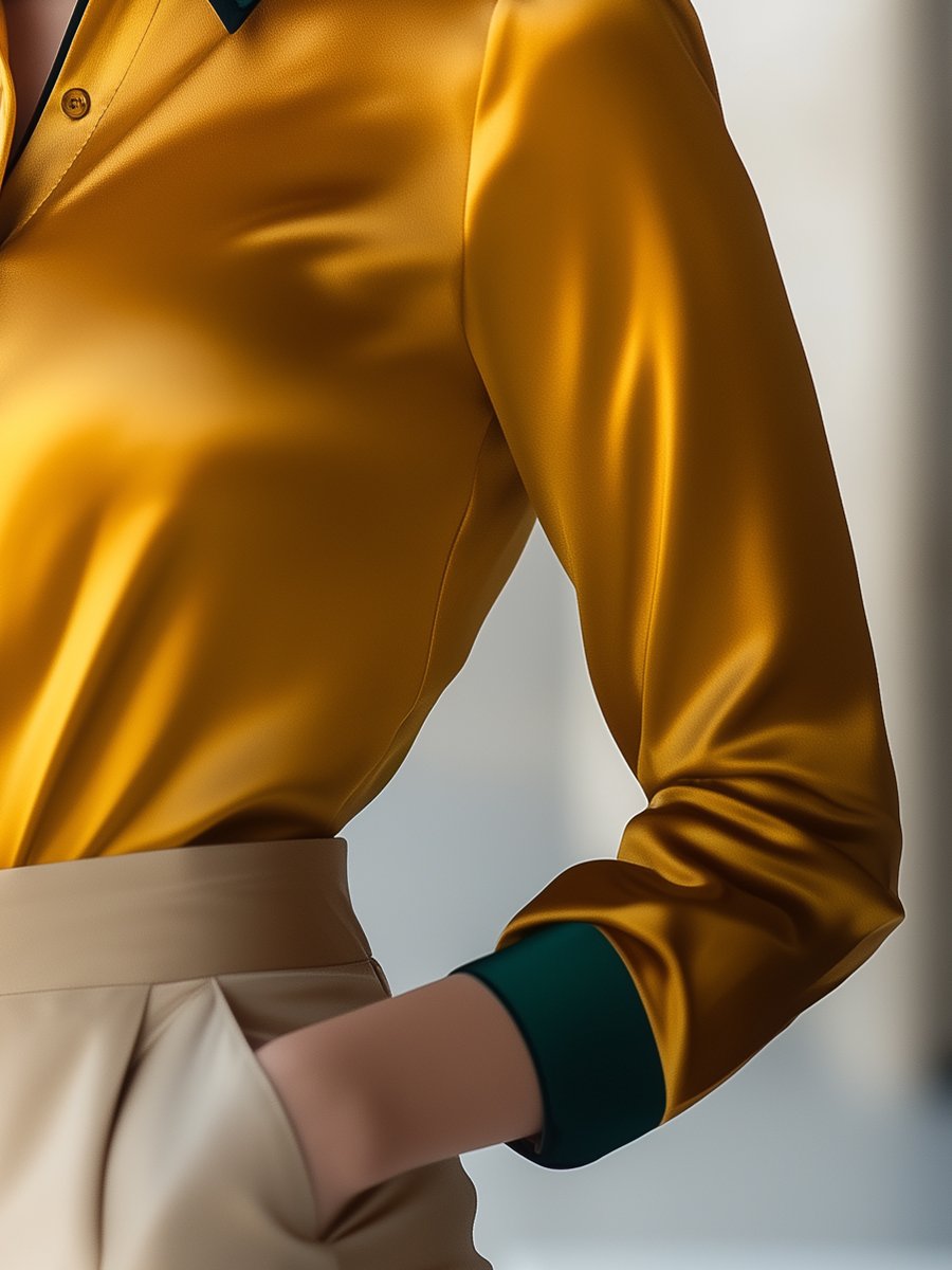 Golden Satin Blouse with Forest Green Contrast Collar Golden Satin Blouse with Forest Green Contrast Collar