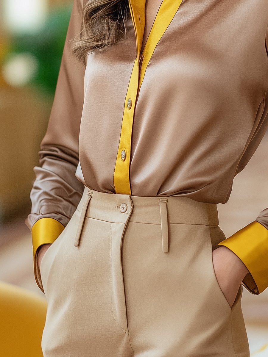Warm Light Brown Satin Blouse with Golden Yellow Details Warm Light Brown Satin Blouse with Golden Yellow Details