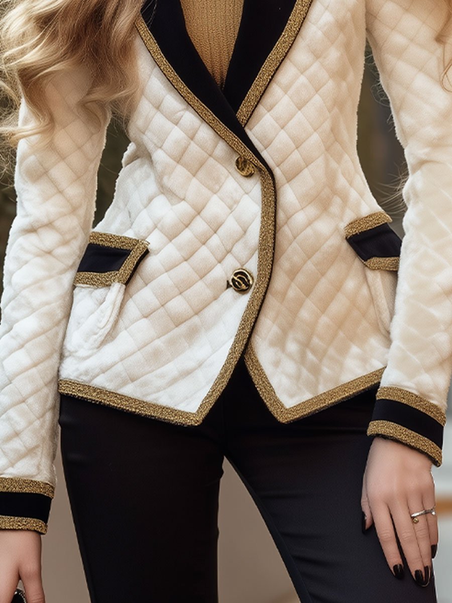 Chic White Quilted Blazer with Black Contrast and Gold Accents Chic White Quilted Blazer with Black Contrast and Gold Accents