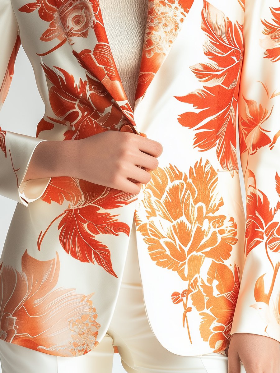 Ivory Satin Blazer with Vibrant Orange Floral Patterns Ivory Satin Blazer with Vibrant Orange Floral Patterns