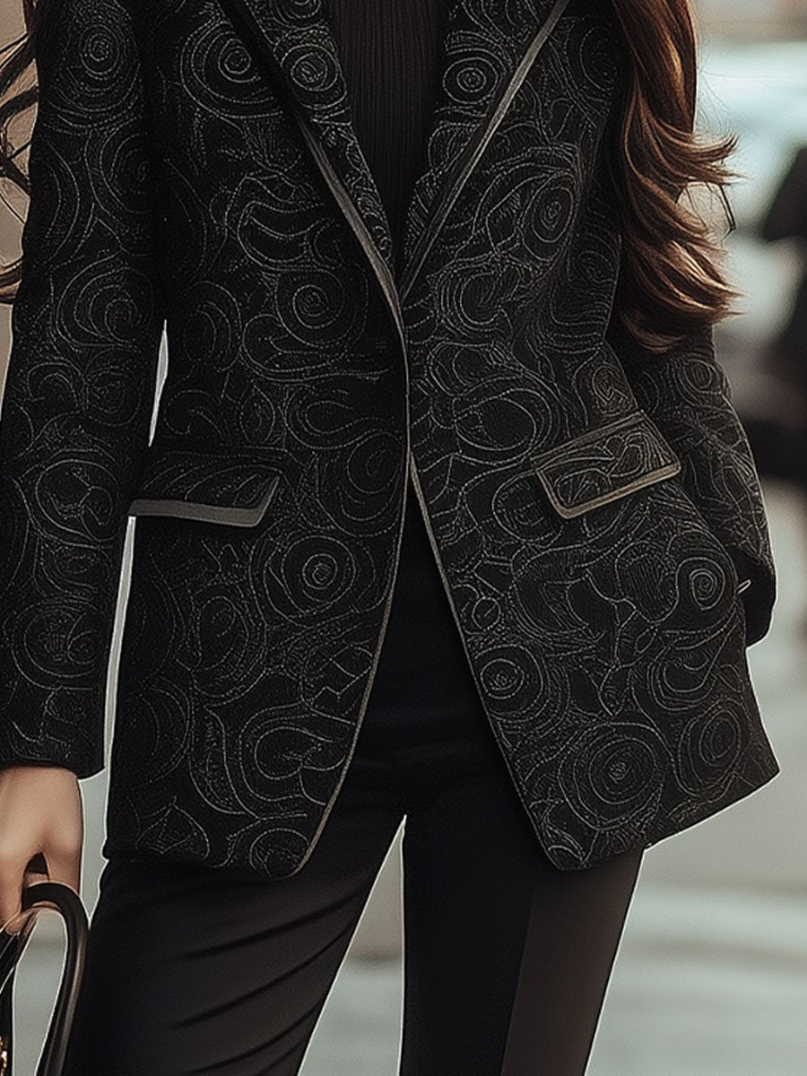 Chic Black Blazer with Intricate Patterns Chic Black Blazer with Intricate Patterns
