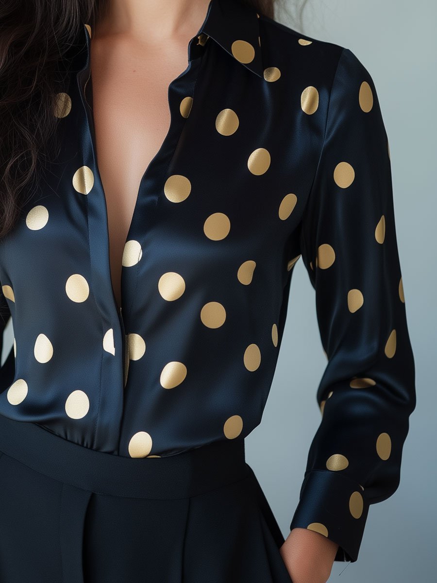 Black Satin Blouse with Gold Polka Dots Black Satin Blouse with Gold Polka Dots