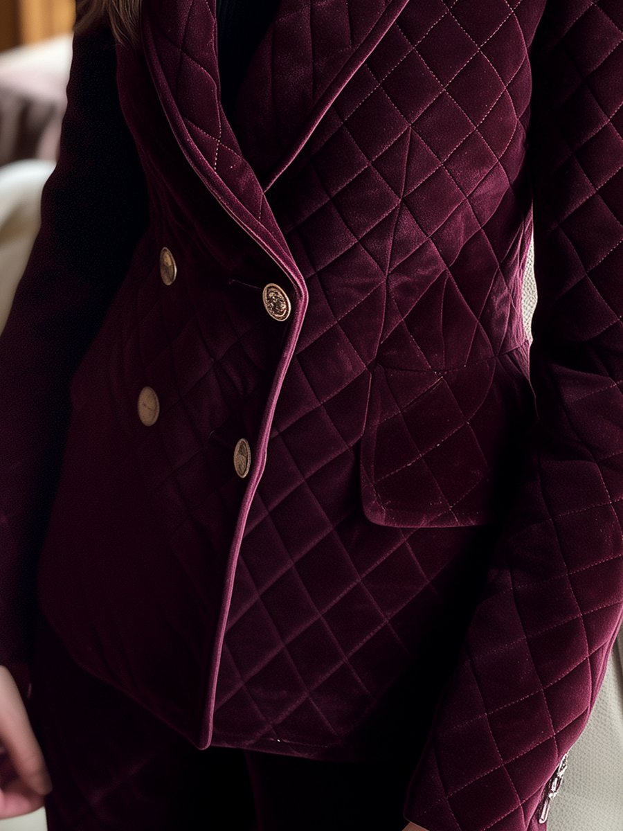 Burgundy Quilted Velvet Blazer with Gold Buttons Burgundy Quilted Velvet Blazer with Gold Buttons