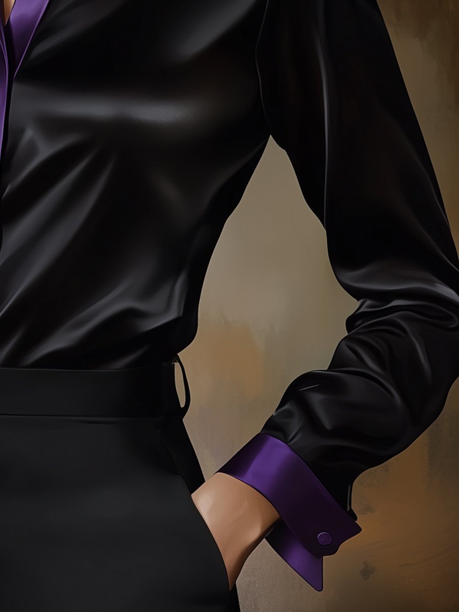 Midnight Black Satin Blouse with Deep Purple Accents Midnight Black Satin Blouse with Deep Purple Accents