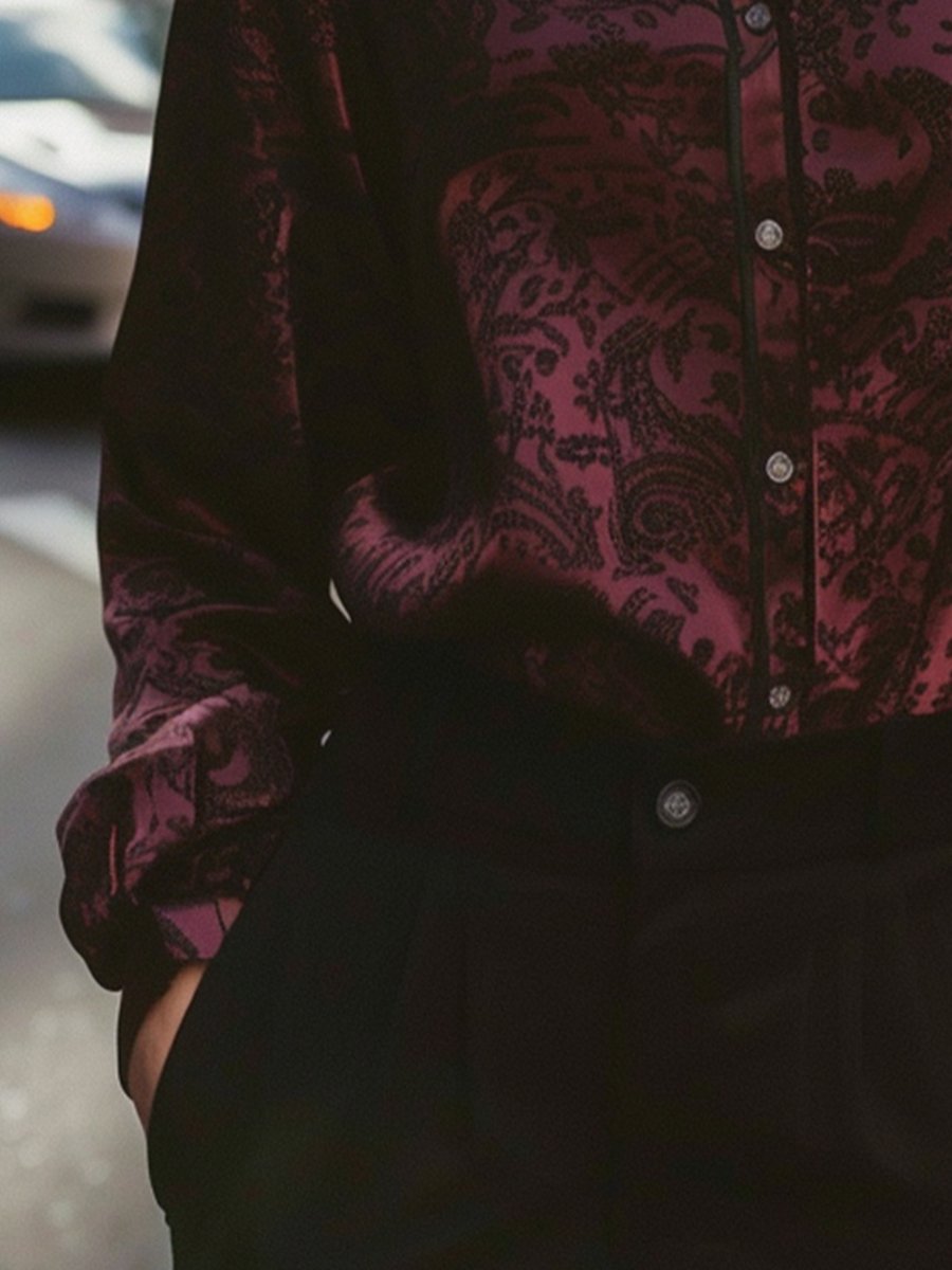 Chic Burgundy Jacquard Button-Up Blouse Chic Burgundy Jacquard Button-Up Blouse