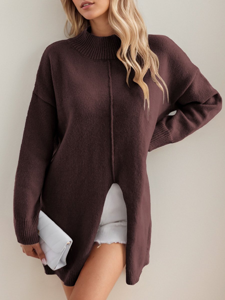 Chic Solid Color Half Turtleneck Side-Slit Pullover Sweater Chic Solid Color Half Turtleneck Side-Slit Pullover Sweater
