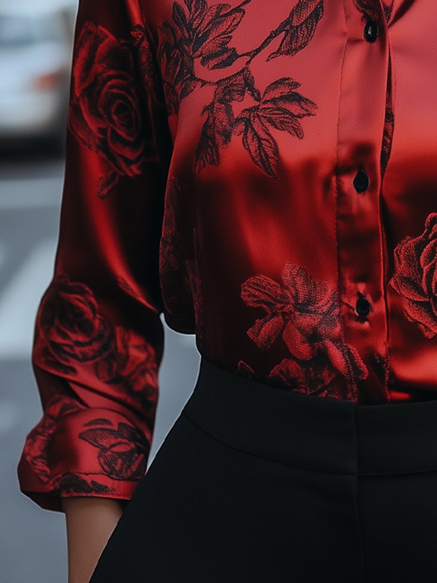 Elegant Red Satin Blouse with Floral Detailing Elegant Red Satin Blouse with Floral Detailing