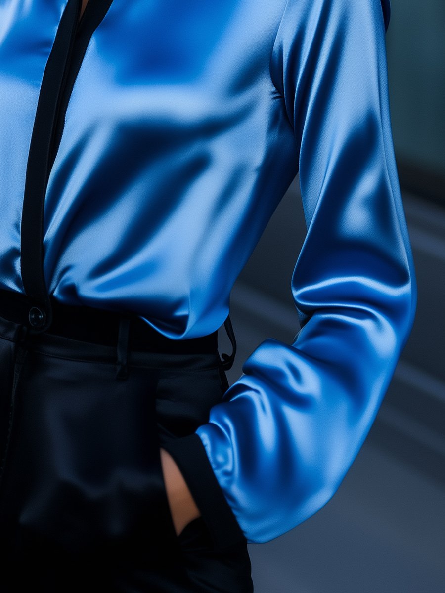 Electric Blue Satin Blouse with Sleek Black Contrast Electric Blue Satin Blouse with Sleek Black Contrast