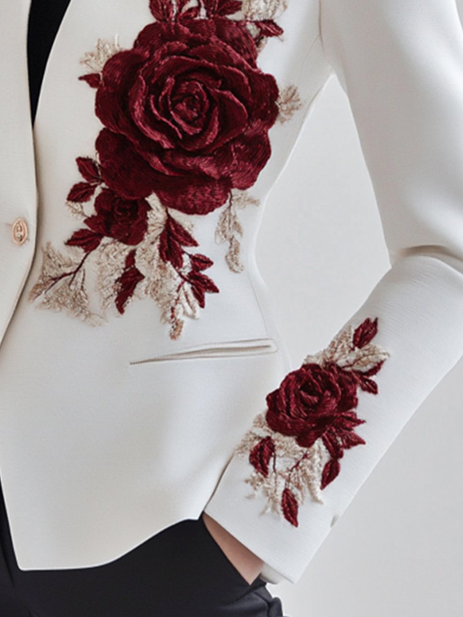 Chic White Blazer with Red Rose Embroidery Chic White Blazer with Red Rose Embroidery