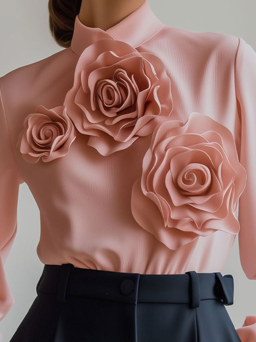 Sophisticated 3D Rose Embellished Pink Blouse Sophisticated 3D Rose Embellished Pink Blouse
