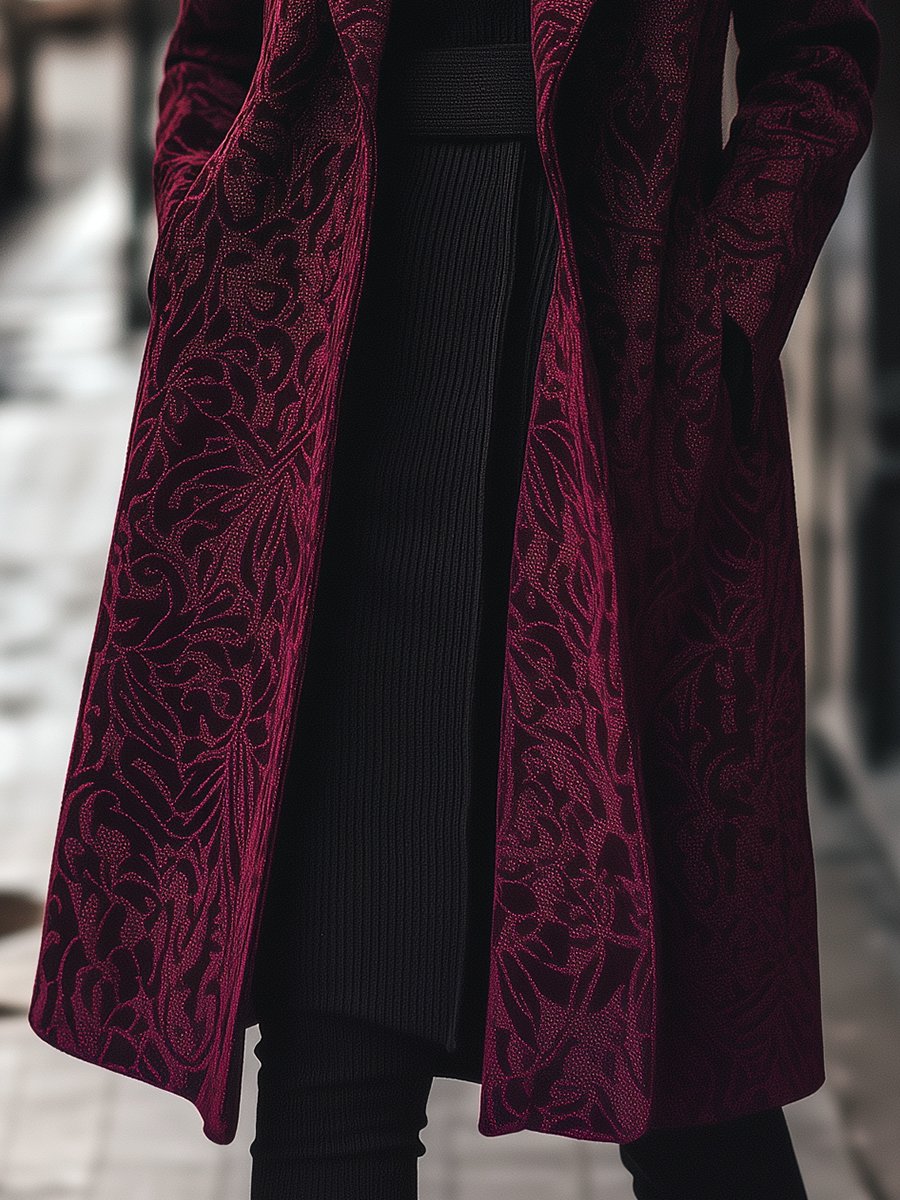 Rich Burgundy Jacquard Coat for Winter Rich Burgundy Jacquard Coat for Winter