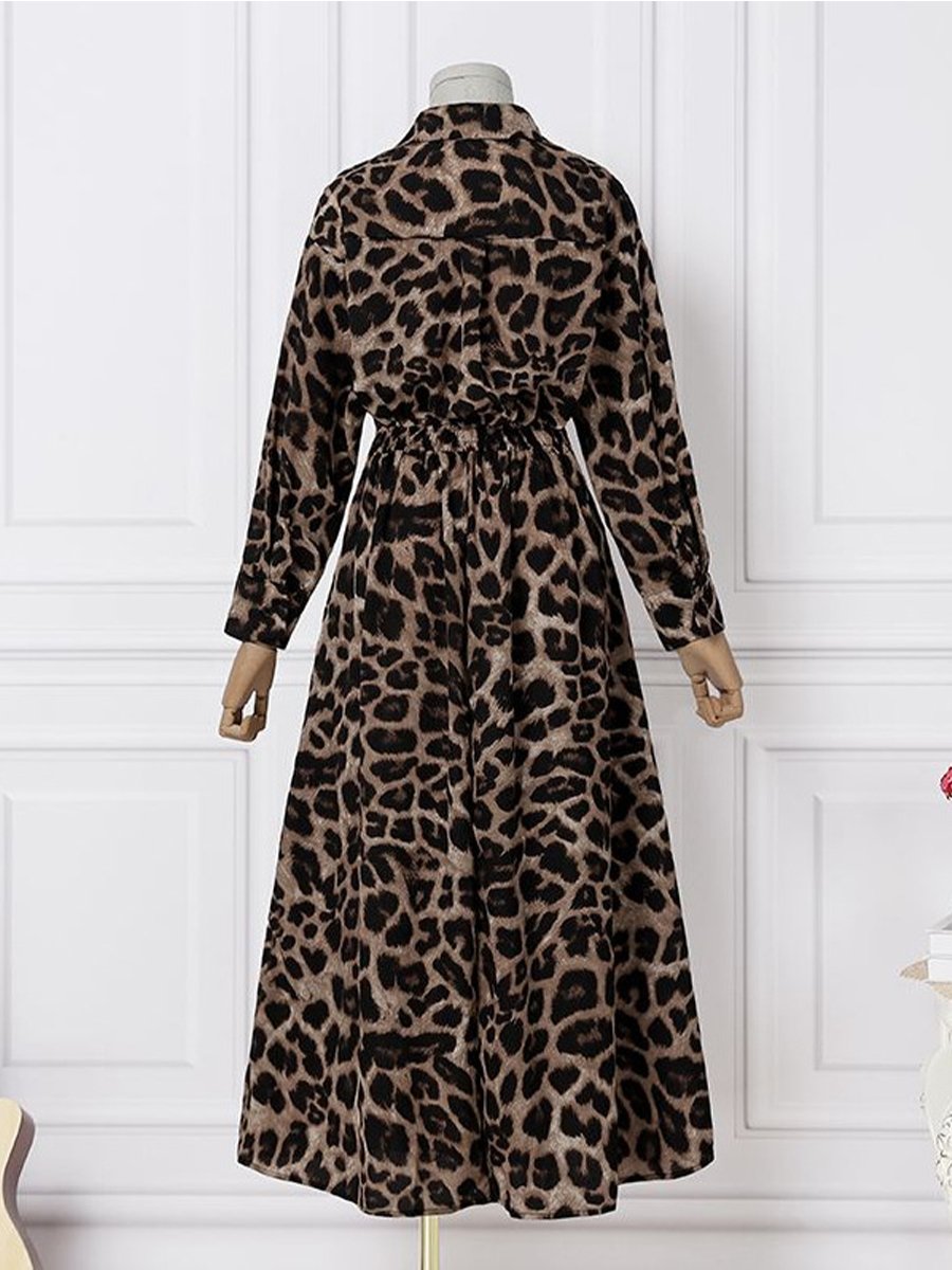 Casual Leopard Cotton And Linen Elastic Waist Dress Casual Leopard Cotton And Linen Elastic Waist Dress