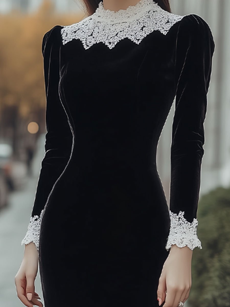 Black Velvet Mermaid Dress with White Lace Trim Black Velvet Mermaid Dress with White Lace Trim