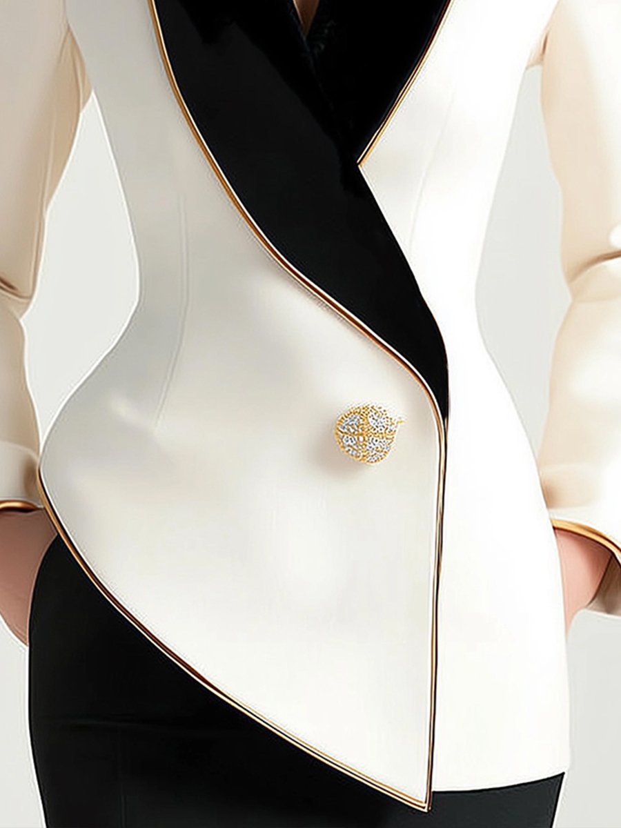 Elegant Asymmetrical White Blazer with Black Contrast Lapels Elegant Asymmetrical White Blazer with Black Contrast Lapels