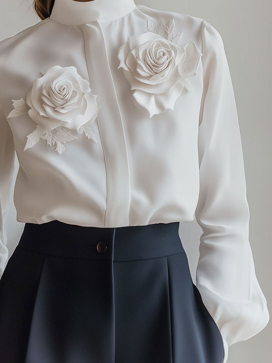 Elegant White Blouse with 3D Floral Appliqué Elegant White Blouse with 3D Floral Appliqué