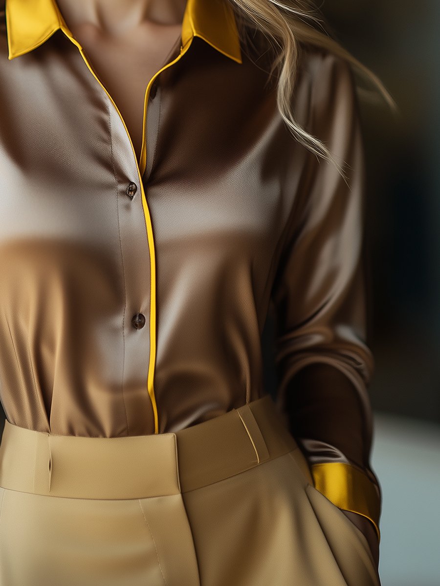 Golden Brown Satin Blouse with Vibrant Yellow Highlights Golden Brown Satin Blouse with Vibrant Yellow Highlights